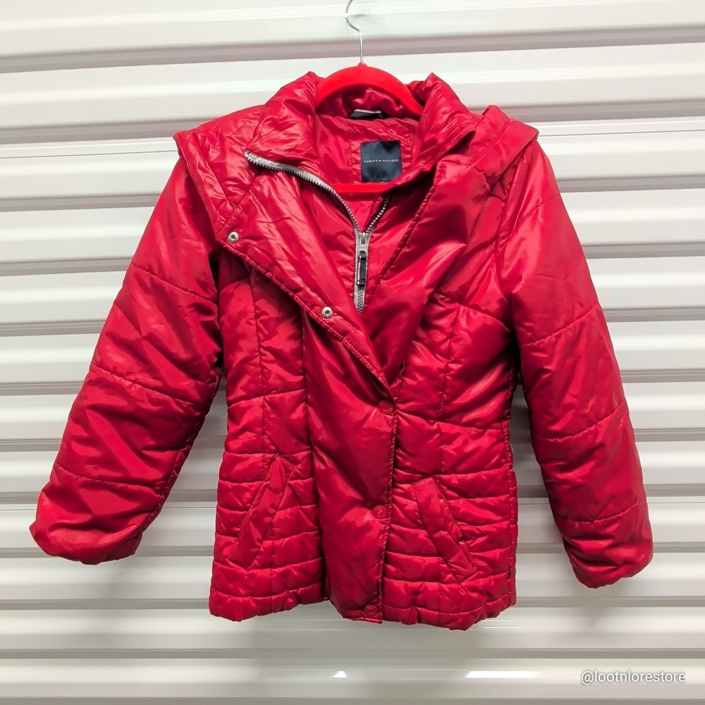 Tommy Hilfiger Vintage Red Puffer Jacket Women Size Large Hooded Quilted Coat